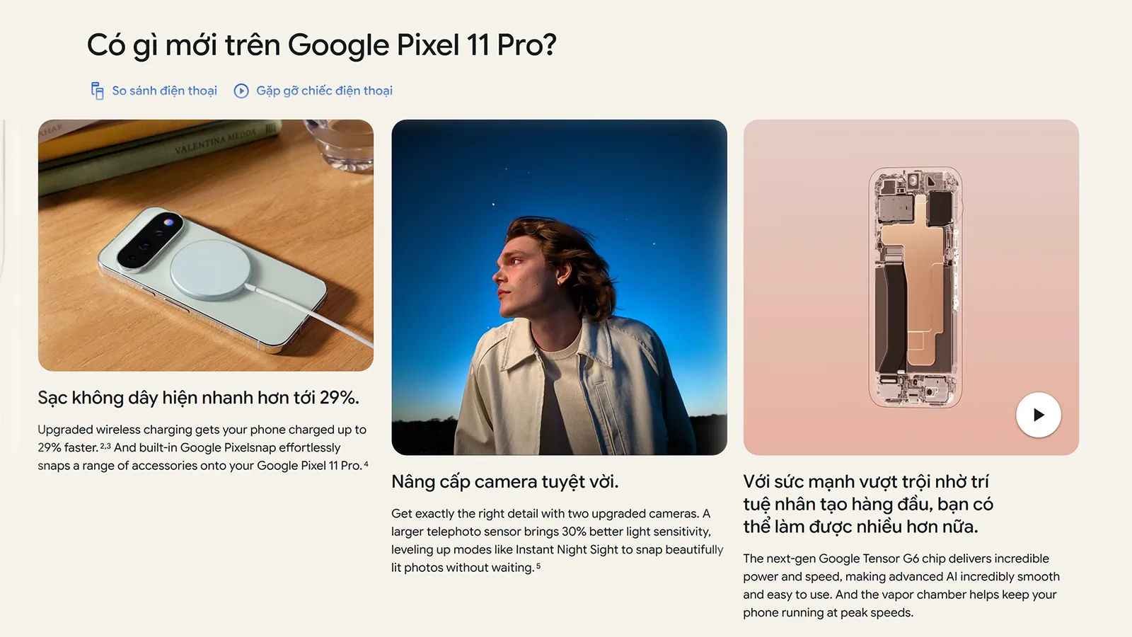 Google Pixel 11 Pro hỗ trợ Google Pixelsnap và có tốc độ sạc không dây nhanh hơn tới 29% so với thế hệ trước.