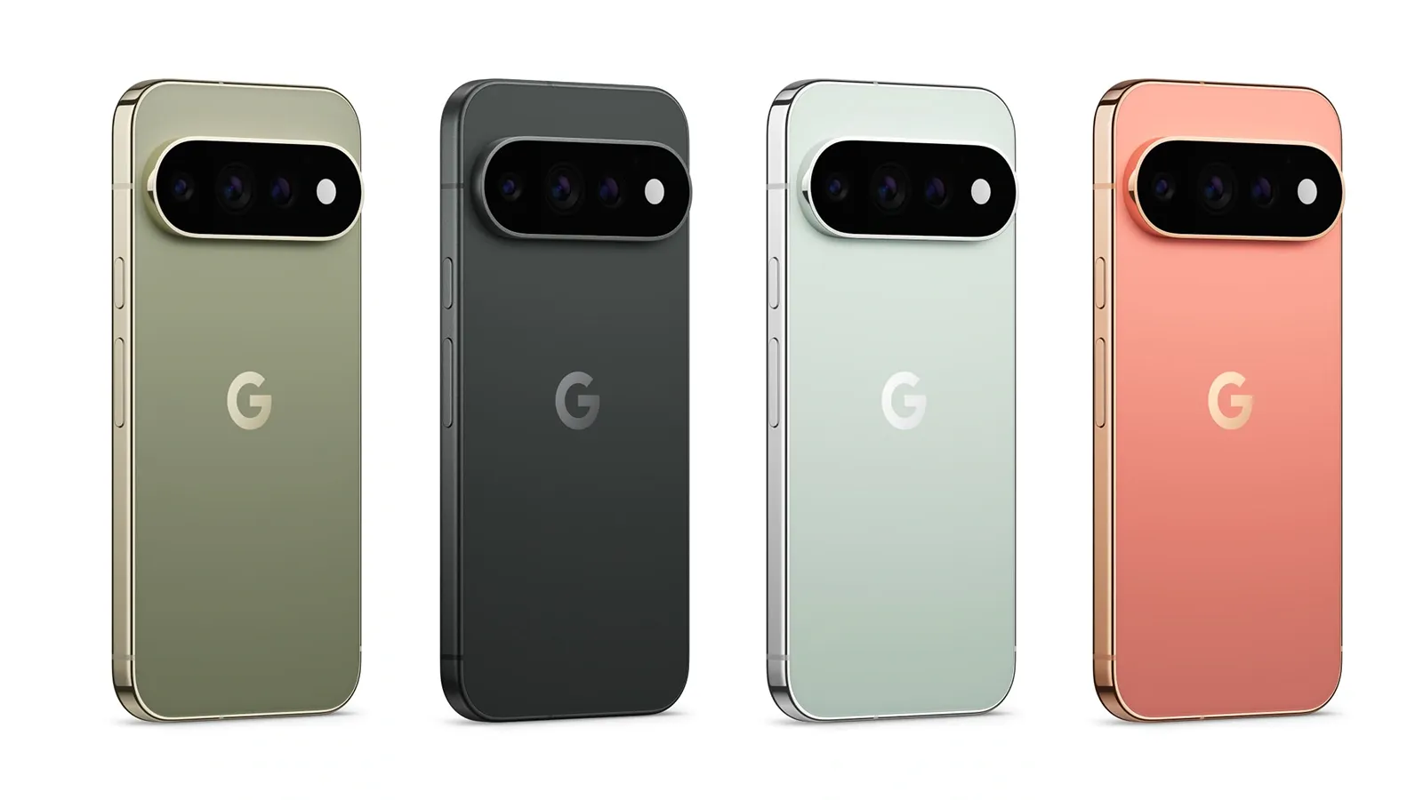 4 phiên bản màu sắc của Google Pixel 11 Pro: Canyon (Cam), Olive (Xanh), Fog (Xanh nhạt) và Obsidian (Đen)
